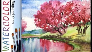 quotBloom trees and reflectionquot Landscape  how to paint 🎨WATERCOLOR tutorial for beginners [upl. by Latrell490]