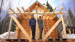 Building A Log Cabin  Ep 53  Finally spring Using green logs to build our front porch roof [upl. by Elnukeda]