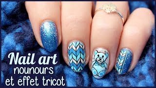 🐻 NAIL ART noël  nounours paillettes et effet tricot [upl. by Pebrook]