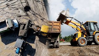 New Jcb 3dx Backhoe Machine Loading Sand into Dump Trucks\\ New Drone Video [upl. by Notsirb]