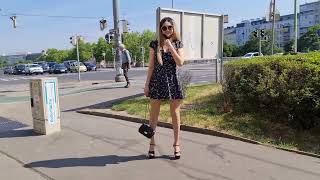 Granate Styling walking in public tramride in Vienna Austria minidress stockings high heels [upl. by Airun915]