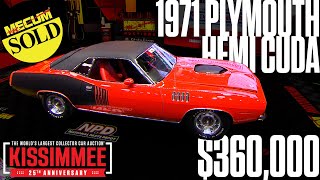 SOLD for 360000 1971 Plymouth Hemi Cuda  Mecum Kissimmee 2024 [upl. by Ferreby]