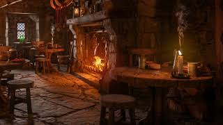 Tavern Harp Music Fireside Crackling  Medieval Tavern Ambience for Sleep Relaxation Study Focus [upl. by Chelsae856]