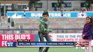 Spelling Bee Winner Throws out Drillers First Pitch [upl. by Catrina]