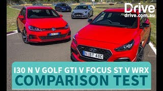 Comparison Test 2018 Hyundai i30 N v Golf GTI v Impreza WRX v Focus ST  Drivecomau [upl. by Lammaj]