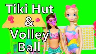 Frozen Elsa Barbie Tiki Hut Volleyball Court Skipper Toy Review [upl. by Kincaid]