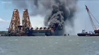 Capsized Golden Ray cargo ship catches fire [upl. by Leimaj351]