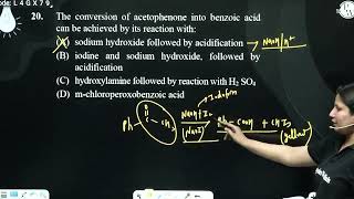 The conversion of acetophenone into benzoic acid can be achieved by its reaction with [upl. by Ybsorc]