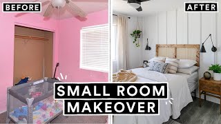 EXTREME SMALL BEDROOM MAKEOVER  DIY HEADBOARD From Start To Finish [upl. by Arnuad754]