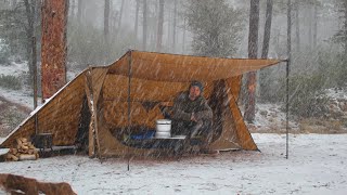 Solo Hot Tent Winter Camping in Snow Storm Wood Stove  ASMR [upl. by Filipe]