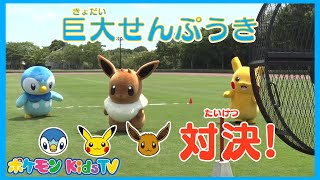 【ポケモン公式】勝つのはだあれ！？ポッチャマ vs ピカチュウ vs イーブイ「巨大せんぷうき対決」－ポケモン Kids TV [upl. by Capwell]