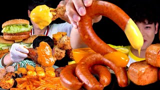 ASMR 떡볶이 소세지 닭다리 햄버거 핫도그 매운김밥 치즈소스 푹푹찍어 먹방 Cheese Sauce With Chicken Sausage Burger Spam MuKBang [upl. by Adalai792]