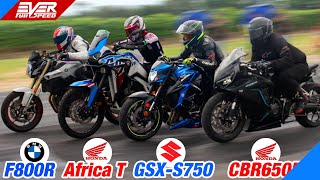 New Honda CBR650R 🆚 BMW F800R 🆚 GSXS750 🆚 Bandit 650 🆚 Africa Twin 🔥 DRAG RACING Track Times 2023 [upl. by Notsnorb]