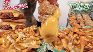 MUKBANG EATING WINGSTOP VOODOO CHEESE FRIES CHICKEN TENDERS CHICK FIL A SPICY CHICKEN SANDWICH ASMR [upl. by Libbi]