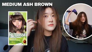 Garnier Medium Ash Brown Hair Dye  Review  Sister dyes my hair [upl. by Normand]