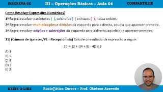 Q11  INSTITUTO SUSTENTE  Operações Básicas Expressão Numérica [upl. by Aiki]