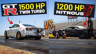 GTR Rematch 1500 HP Twin Turbo GTR vs 1200 HP Nitrous Demon DRAG RACE [upl. by Tamarah]