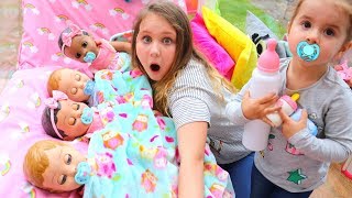 Kids Pretend Play with Baby Dolls feeding and night time routine video [upl. by Karb]