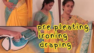 Saree PrePleat  Folding and ironing  Quick and Easy method  Tricks and Tips tension free [upl. by Gilda835]