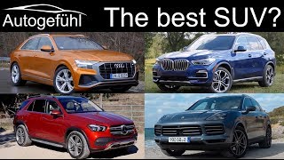 Mercedes GLE vs BMW X5 vs Audi Q8 vs Porsche Cayenne Best SUV comparison review  Autogefühl [upl. by Aniala492]