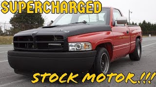 ADD A SUPERCHARGER TO A STOCK DODGE RAM AND RUN 12S INSANE STOCK ENGINE DRAG TRUCK [upl. by Ahsiekim]