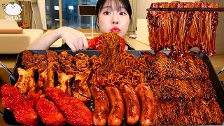 ASMR MUKBANG 직접 만든 불닭 짜장 버섯 양념치킨 소세지 먹방 amp 레시피 SPICY MUSHROOM AND FIRE NOODLES EATING [upl. by Eanaj]