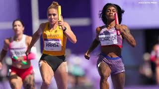 WATCH ShaCarri Richardson saves US womens 4x100m relay from collapse at Paris Olympics [upl. by Koal236]