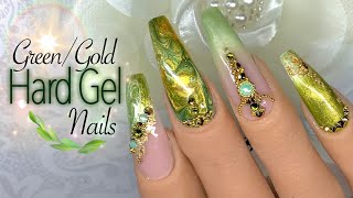 Hard Gel Nails  Custom Color Hard Gel Nails  Green with Gold Accent Nail Design [upl. by Broeder633]