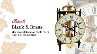 24cm Black amp Brass Mechanical Skeleton Table Clock With Bell Strike By Hermle [upl. by Bisset]