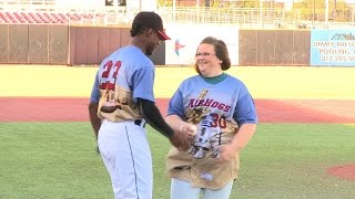 Chewbacca Mom throws opening pitch at Texas AirHogs game [upl. by Lehmann]