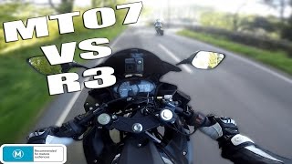 YAMAHA R3 vs YAMAHA MT07 RESTRICTED  DRAG RACE  060 MPH [upl. by Nicolais853]