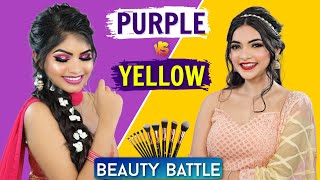 BEAUTY BATTLE  Sister vs Sister Makeup Challenge  Yellow vs Purple  Anaysa [upl. by Nnyleahs]