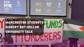 Students halt BNY Mellon talk at Manchester University in protest of investment in Israeli arms [upl. by Odele]