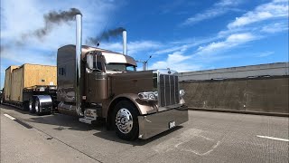 600hp stretched out peterbilt 379 18 speed shifting and LOUD JAKES [upl. by Naut]