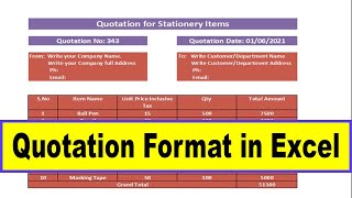 How to Make Quotation in Excel  Quotation format for Stationery Items in Excel [upl. by Ytsihc]