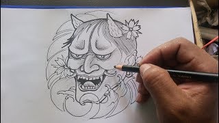 How to draw a hannya maskdrawing hannya tattoo [upl. by Combe]