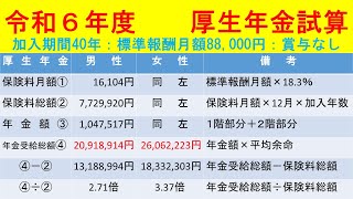 【令和６年度 厚生年金試算 】一定の前提条件を設定して、厚生年金保険料総額、年金額、年金受給総額を試算しました。①加入期間４０年、②標準報酬月額は１等級88000円、③賞与なしとして試算しました。 [upl. by Sedecrem]