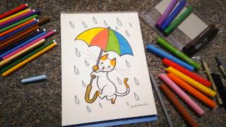 HOW TO DRAW a Happy Cat with an umbrella  coloring with markers [upl. by Gurtner]