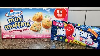 Hostess Mini Muffins Birthday Cake amp AirHeads Birthday Cake amp White Mystery Flavor Review [upl. by Addis805]