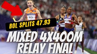 Mixed 4x400M Relay Finals Paris 2024 Olympics FemKe Bol spilts 4793 on anchor to got from 4th 1st [upl. by Anneirb]