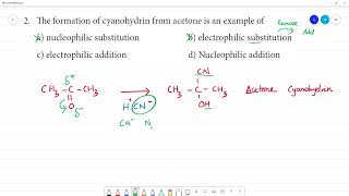 The formation of cyanohydrin from acetone is an example of a nucleophilic substitution [upl. by Ahsienal]