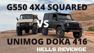 Mercedes G550 4x4 Squared vs Unimog 416 Doka Hells Revenge Hells Gate Moab Utah [upl. by Anier]