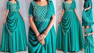 Saree style dress cutting amp stitchingparty wear dressreadymade style frockgown cutting stitching [upl. by Enaile]