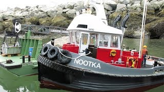 Nootka 116 Scale RC Logging Tug Towing the CraneBarge [upl. by Nauqed]