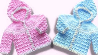 ¡WOW Lo tejí y me enamore Chaquetita con capucha para bebes niños y niñas FACIL PATRON DE CROCHET [upl. by Kimbell]