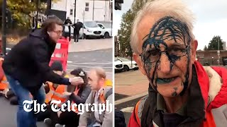 Insulate Britain protesters sprayed with ink as they block roads into London [upl. by Tamis]