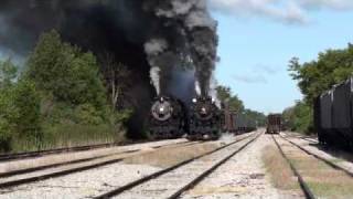 Pere Marquette 1225 and Nickel Plate Road 765 run side by side [upl. by Ycrad733]