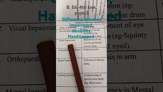 B ed 4th sem difference between impairmentdisability handicap [upl. by Atekan497]