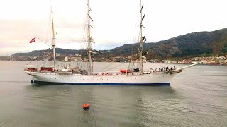 Tall Ship  Statsraad Lehmkuhl  threemasted barque vessel  Sailing in to Bergen Norway [upl. by Ijneb]