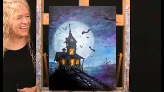 HALLOWEEN Learn How to Draw and Paint with Acrylics HAUNTED HOUSEArt tutorialPaint and Sip at Home [upl. by Kristos]